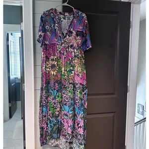 Anthropologie Vibrant Floral Maxi Dress - Pink, Blue, Green